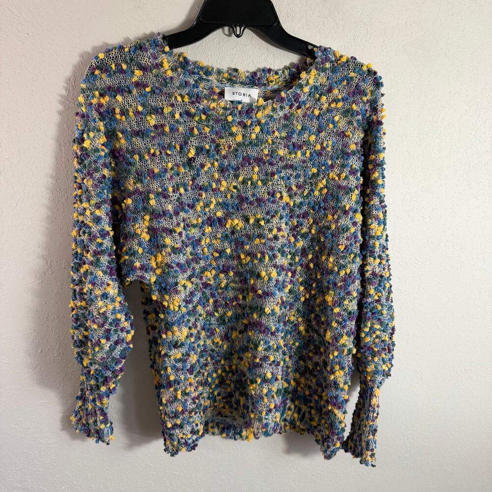 Storia 3D Pom Pom Knit Sweater Multicolor Blue Purple Yellow Dots Womens S